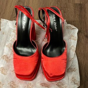 Red satin platform heels